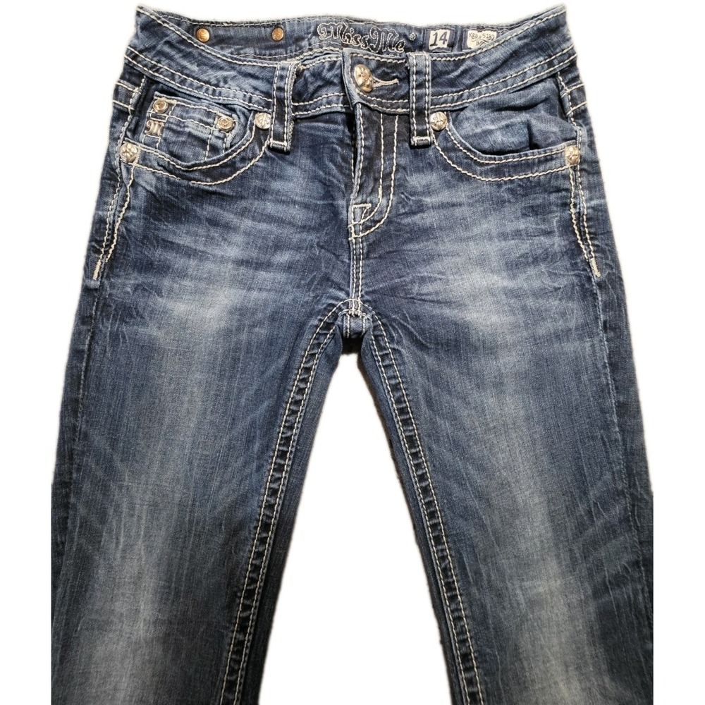 Girls Miss Me Bootcut Jeans Size 14 Medium Wash Thick Stitch Embellished 24x28.5 - Picture 3 of 11